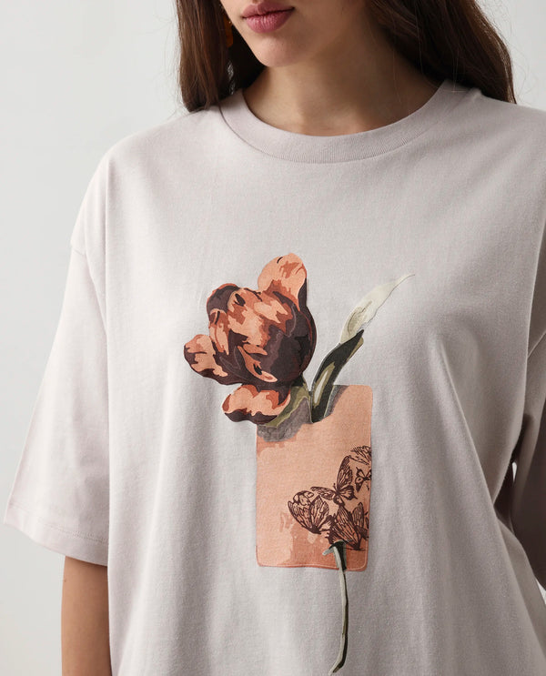 Rareism Women Enof Beige Pull On Closure Cotton Oversized Regular Graphic Print T-Shirt