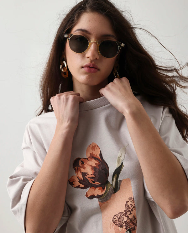 Rareism Women Enof Beige Pull On Closure Cotton Oversized Regular Graphic Print T-Shirt