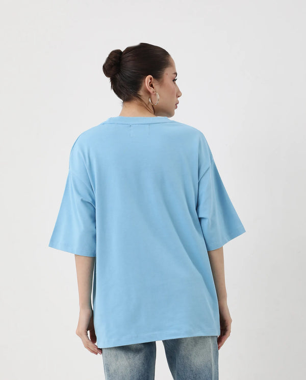 Rareism Women Enof Blue Slip On Closure Cotton Fabric Oversized Fit Regular Graphic Print T-Shirt