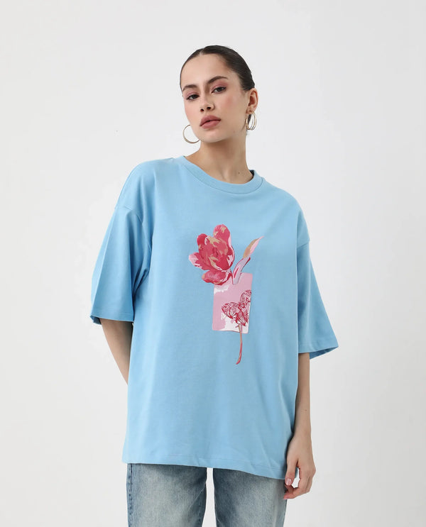 Rareism Women Enof Blue Slip On Closure Cotton Fabric Oversized Fit Regular Graphic Print T-Shirt