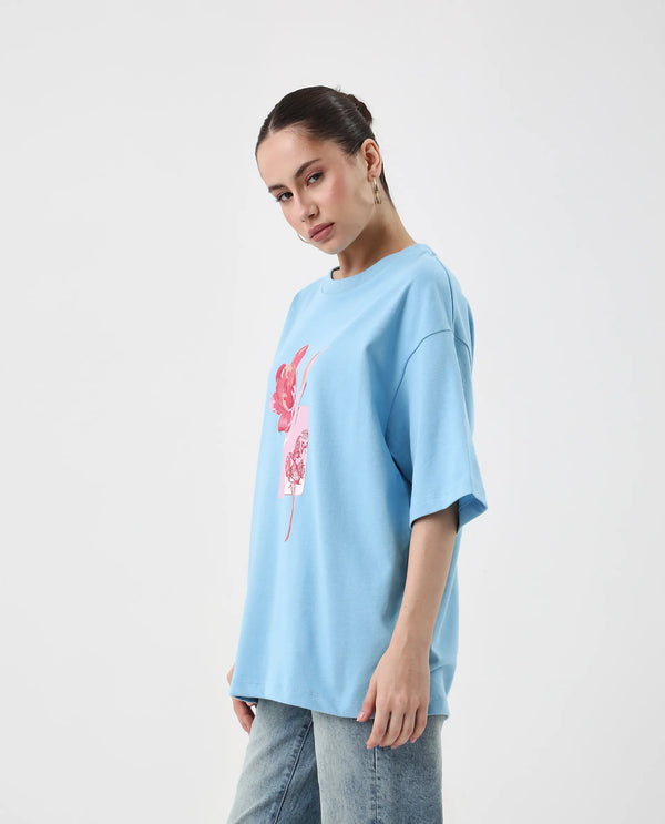 Rareism Women Enof Blue Slip On Closure Cotton Fabric Oversized Fit Regular Graphic Print T-Shirt