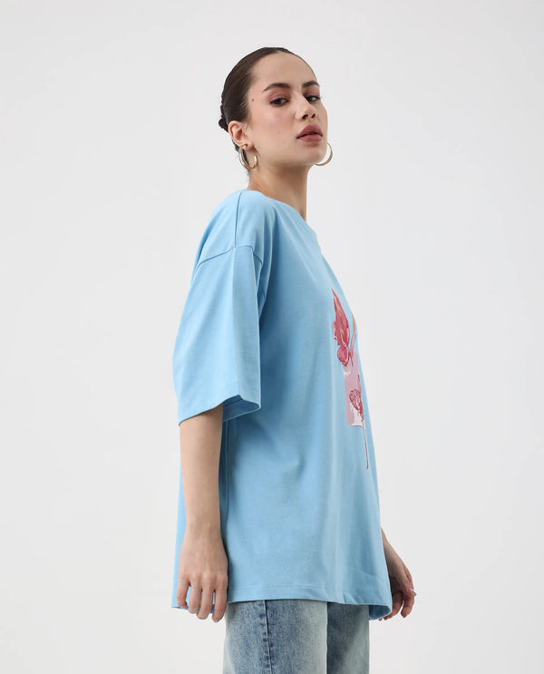 Rareism Women Enof Blue Slip On Closure Cotton Fabric Oversized Fit Regular Graphic Print T-Shirt
