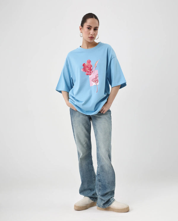 Rareism Women Enof Blue Slip On Closure Cotton Fabric Oversized Fit Regular Graphic Print T-Shirt