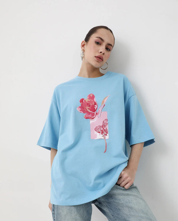 Rareism Women Enof Blue Slip On Closure Cotton Fabric Oversized Fit Regular Graphic Print T-Shirt