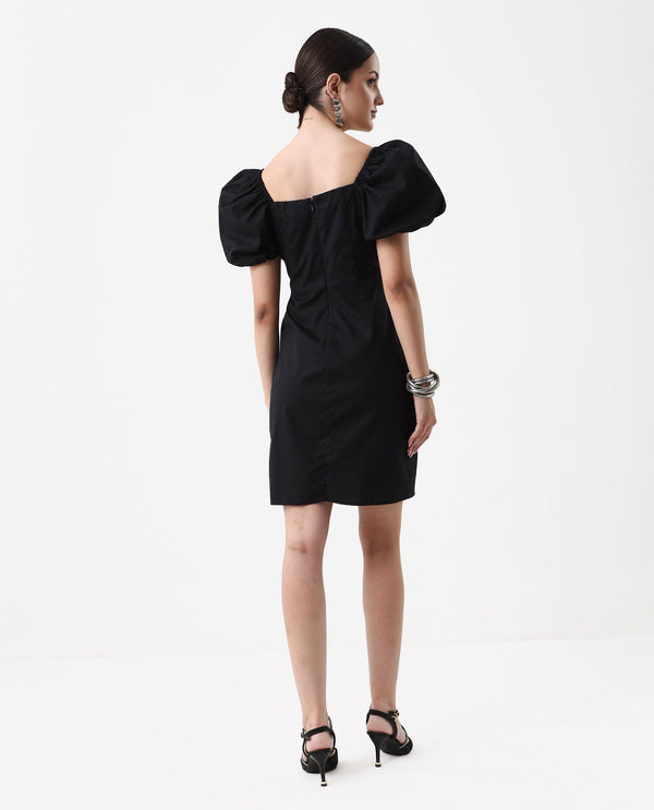 Rareism Women Eplan Black Zipper Closure Cotton Blend Straight Mini Dress