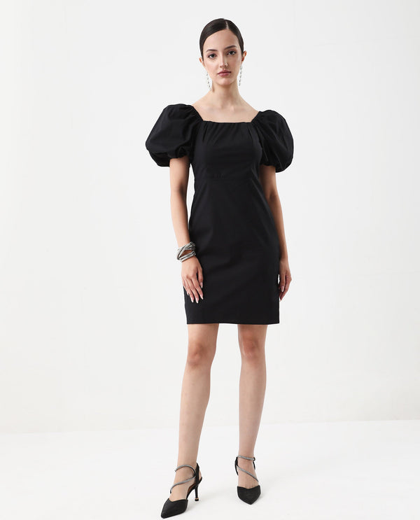 Rareism Women Eplan Black Zipper Closure Cotton Blend Straight Mini Dress