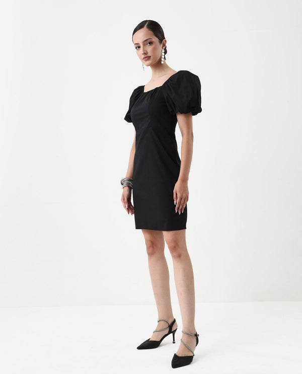Rareism Women Eplan Black Zipper Closure Cotton Blend Straight Mini Dress