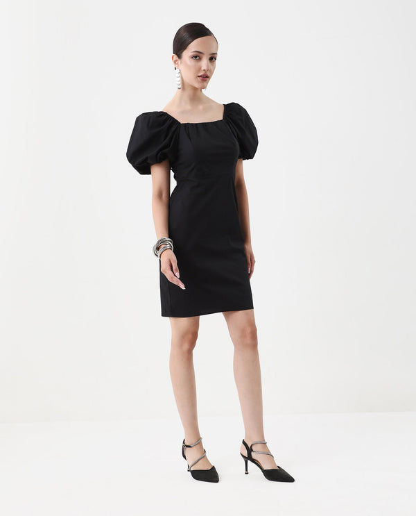 Rareism Women Eplan Black Zipper Closure Cotton Blend Straight Mini Dress