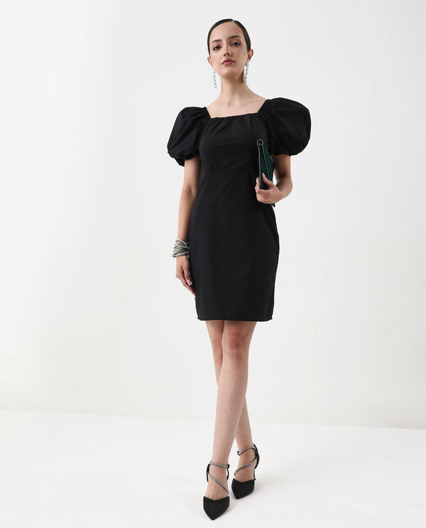 Rareism Women Eplan Black Zipper Closure Cotton Blend Straight Mini Dress