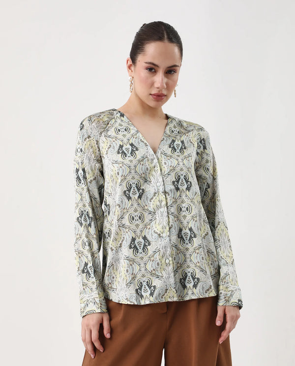 Rareism Women Epoll Multi Button Closure Satin Relaxed Regular Abstract Top
