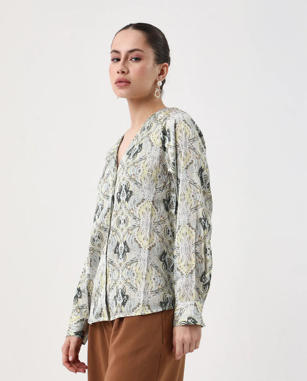 Rareism Women Epoll Multi Button Closure Satin Relaxed Regular Abstract Top
