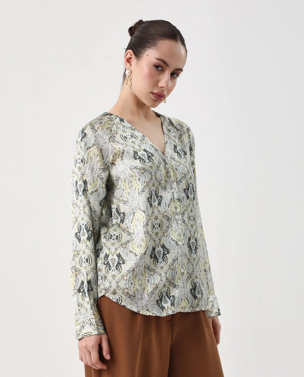 Rareism Women Epoll Multi Button Closure Satin Relaxed Regular Abstract Top