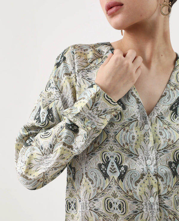 Rareism Women Epoll Multi Button Closure Satin Relaxed Regular Abstract Top
