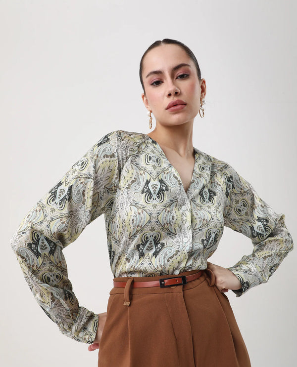 Rareism Women Epoll Multi Button Closure Satin Relaxed Regular Abstract Top