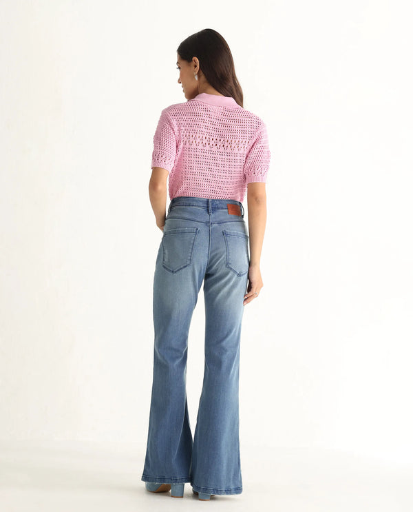 Rareism Women Essex Blue Cotton Lycra Fabric Mid Rise Solid Boot Cut Ankle Length Jeans