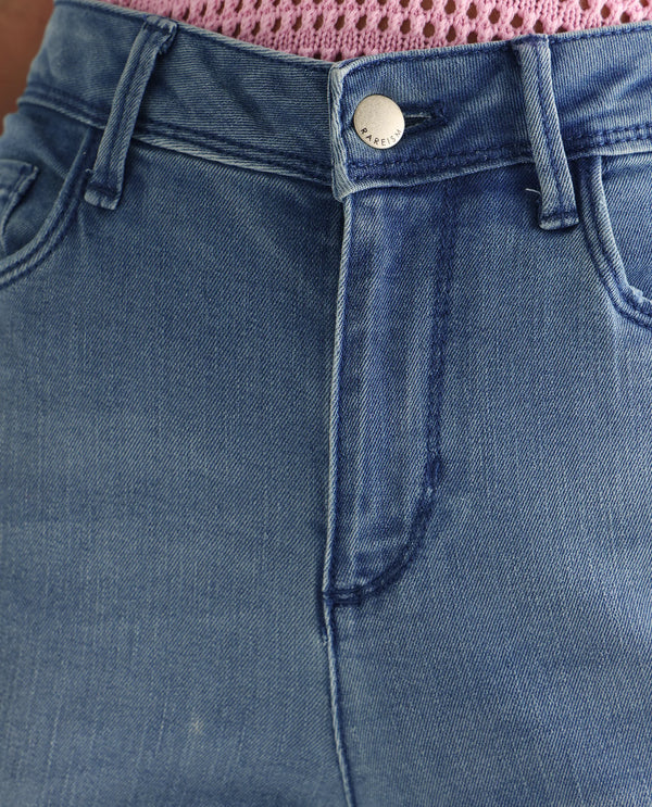 Rareism Women Essex Blue Cotton Lycra Fabric Mid Rise Solid Boot Cut Ankle Length Jeans