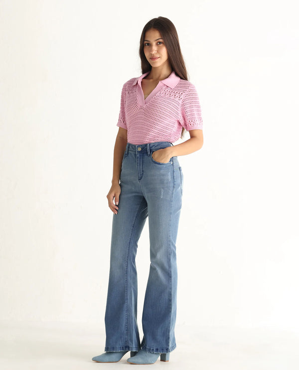 Rareism Women Essex Blue Cotton Lycra Fabric Mid Rise Solid Boot Cut Ankle Length Jeans