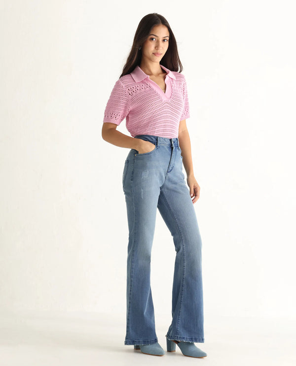 Rareism Women Essex Blue Cotton Lycra Fabric Mid Rise Solid Boot Cut Ankle Length Jeans