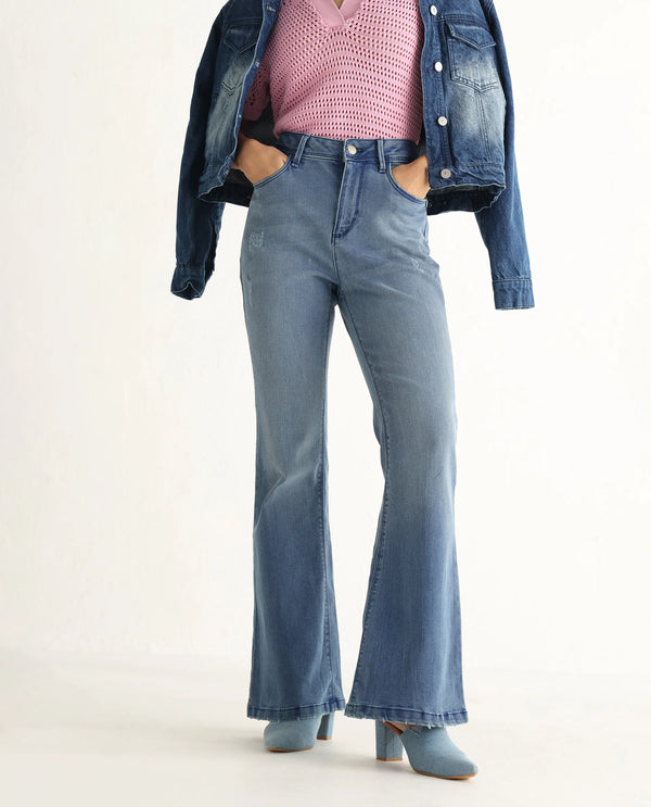 Rareism Women Essex Blue Cotton Lycra Fabric Mid Rise Solid Boot Cut Ankle Length Jeans
