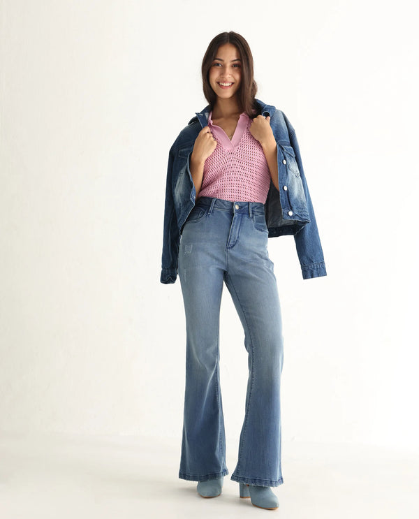 Rareism Women Essex Blue Cotton Lycra Fabric Mid Rise Solid Boot Cut Ankle Length Jeans
