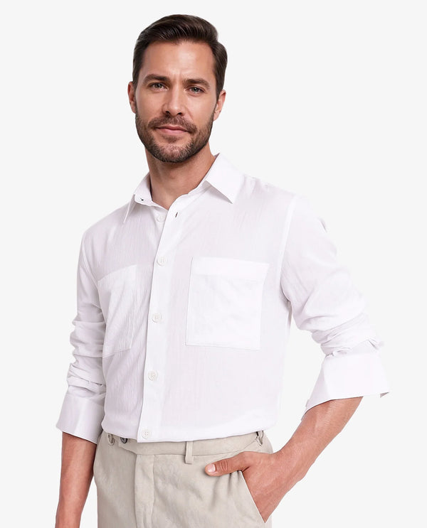 Rare Rabbit Men Esso White Full Sleeve Button Closure Boxy Fit Plain Twill Shirt