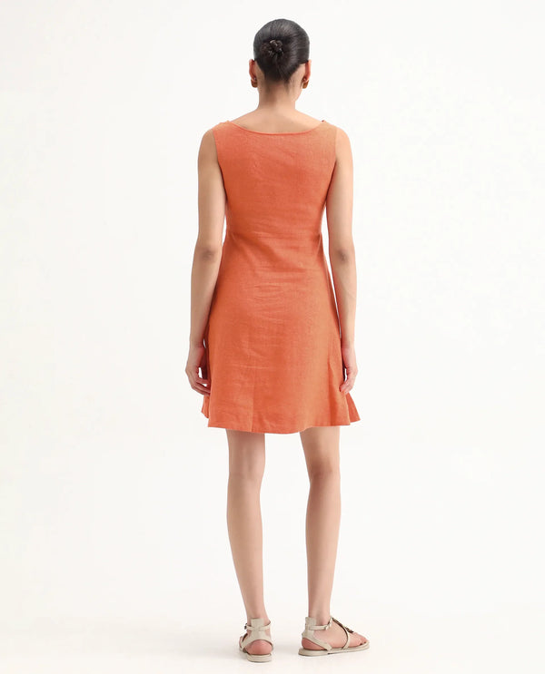 Rareism Women Eswati Orange Viscose Linen Fabric Sleeveless Cowl Neck Flared Knee Length Plain Dress