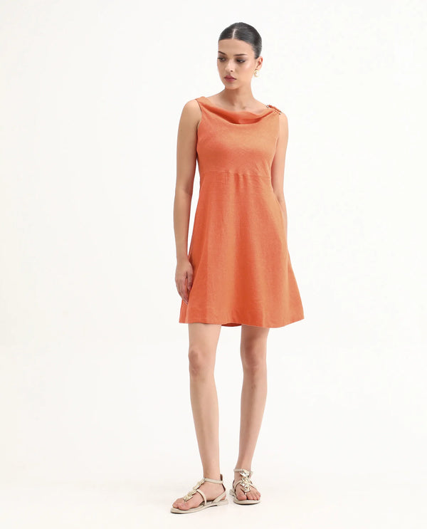 Rareism Women Eswati Orange Viscose Linen Fabric Sleeveless Cowl Neck Flared Knee Length Plain Dress