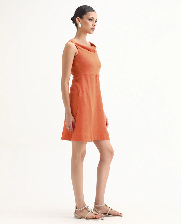 Rareism Women Eswati Orange Viscose Linen Fabric Sleeveless Cowl Neck Flared Knee Length Plain Dress
