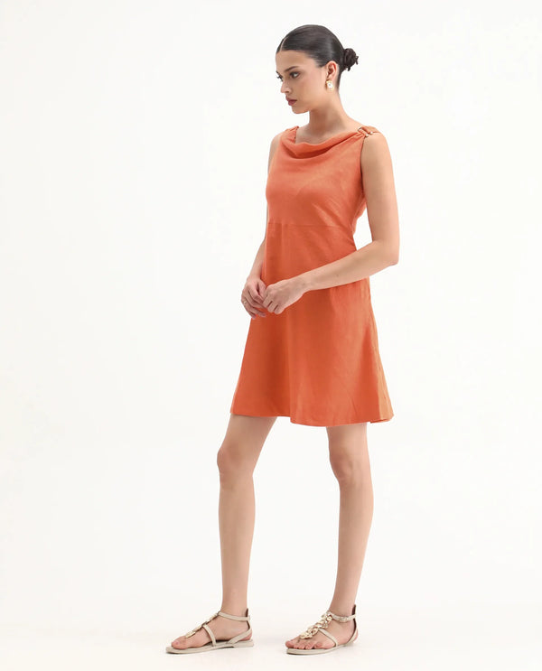 Rareism Women Eswati Orange Viscose Linen Fabric Sleeveless Cowl Neck Flared Knee Length Plain Dress