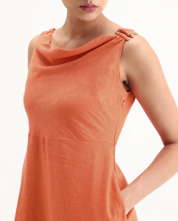 Rareism Women Eswati Orange Viscose Linen Fabric Sleeveless Cowl Neck Flared Knee Length Plain Dress