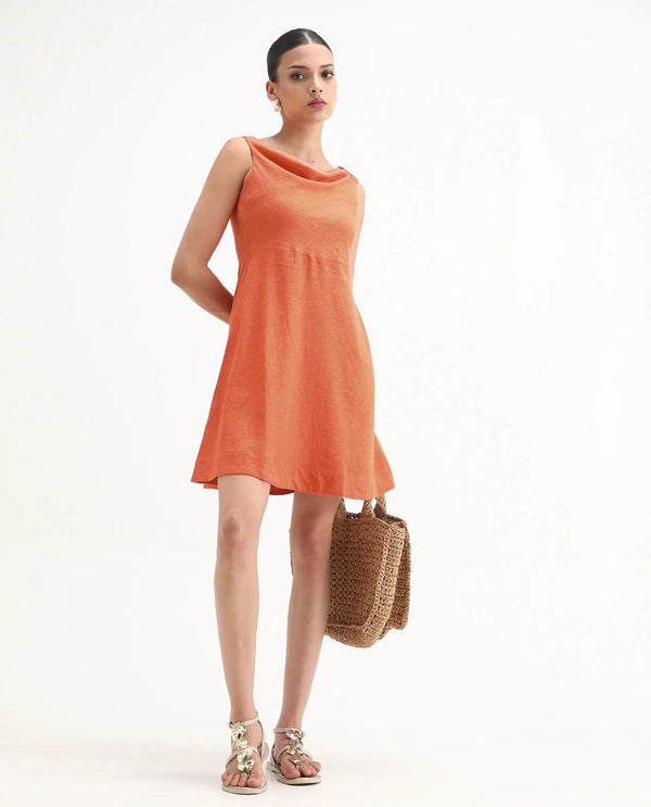 Rareism Women Eswati Orange Viscose Linen Fabric Sleeveless Cowl Neck Flared Knee Length Plain Dress