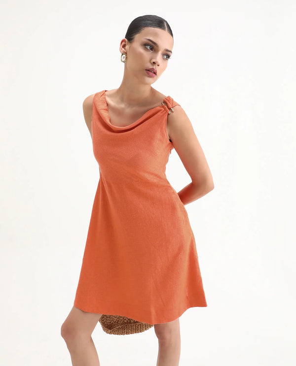 Rareism Women Eswati Orange Viscose Linen Fabric Sleeveless Cowl Neck Flared Knee Length Plain Dress