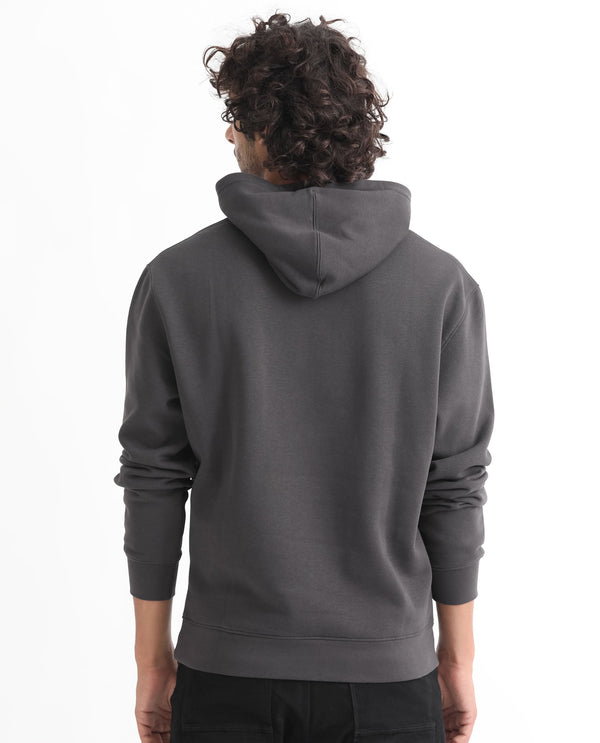Rare Rabbit Men's Ether Dark Grey Cotton Polyester Fabric Neck Full Sleeves Leather Appliqué Knitted Hooded Sweatshirt
