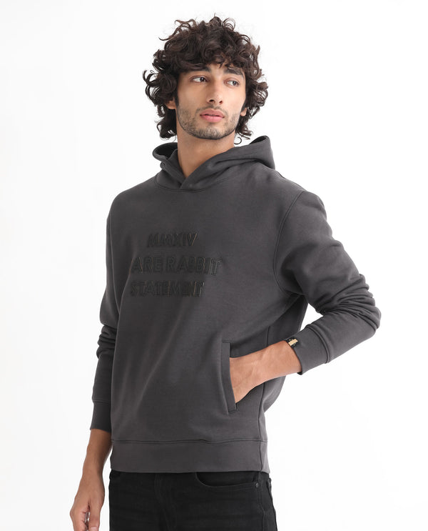 Rare Rabbit Men's Ether Dark Grey Cotton Polyester Fabric Neck Full Sleeves Leather Appliqué Knitted Hooded Sweatshirt
