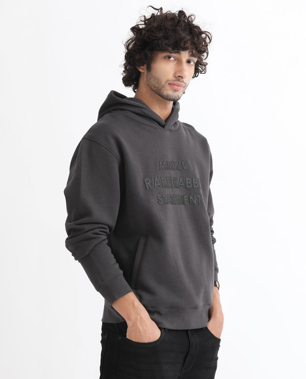 Rare Rabbit Men's Ether Dark Grey Cotton Polyester Fabric Neck Full Sleeves Leather Appliqué Knitted Hooded Sweatshirt