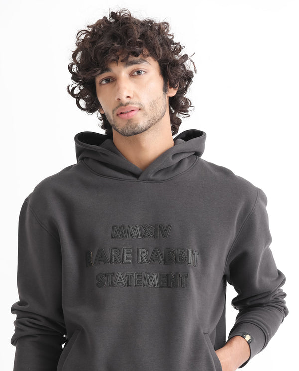 Rare Rabbit Men's Ether Dark Grey Cotton Polyester Fabric Neck Full Sleeves Leather Appliqué Knitted Hooded Sweatshirt