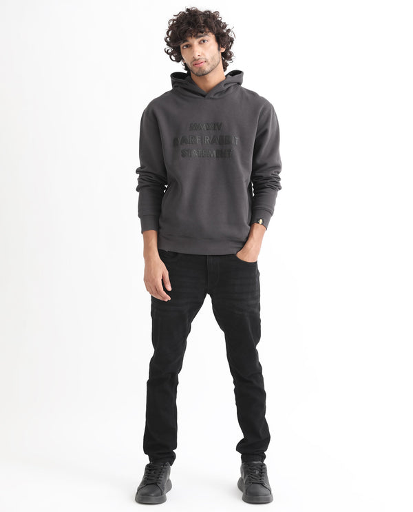 Rare Rabbit Men's Ether Dark Grey Cotton Polyester Fabric Neck Full Sleeves Leather Appliqué Knitted Hooded Sweatshirt