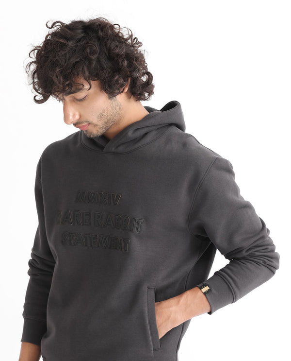 Rare Rabbit Men's Ether Dark Grey Cotton Polyester Fabric Neck Full Sleeves Leather Appliqué Knitted Hooded Sweatshirt