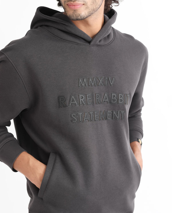 Rare Rabbit Men's Ether Dark Grey Cotton Polyester Fabric Neck Full Sleeves Leather Appliqué Knitted Hooded Sweatshirt