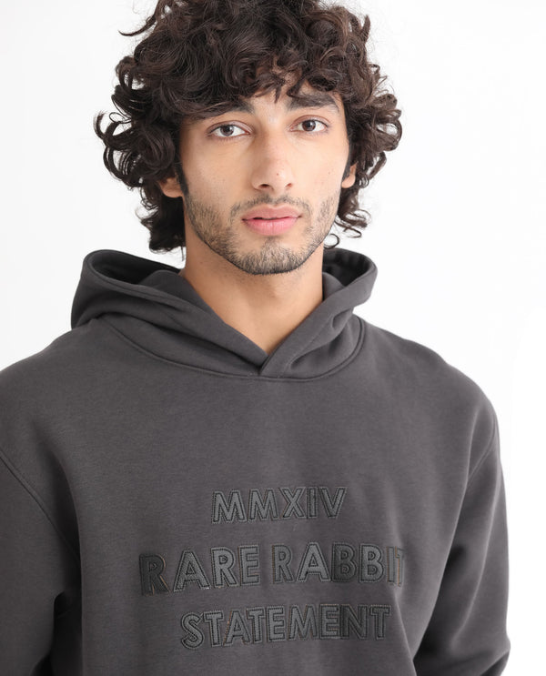 Rare Rabbit Men's Ether Dark Grey Cotton Polyester Fabric Neck Full Sleeves Leather Appliqué Knitted Hooded Sweatshirt