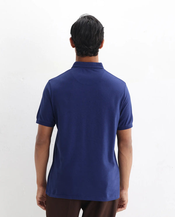 Rare Rabbit  Men's Face Blue Cotton Fabric Short Sleeves Button Down Collar Embroidered Logo Regular Fit Plain Polo T-Shirt
