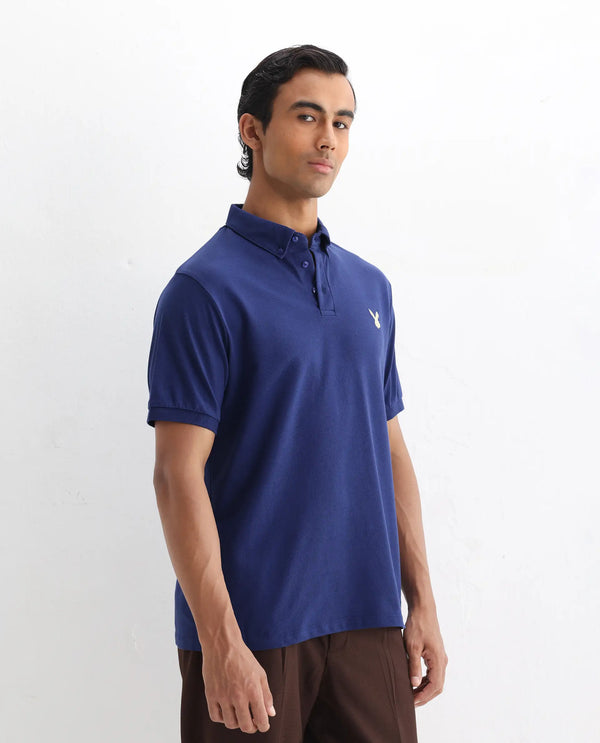 Rare Rabbit  Men's Face Blue Cotton Fabric Short Sleeves Button Down Collar Embroidered Logo Regular Fit Plain Polo T-Shirt