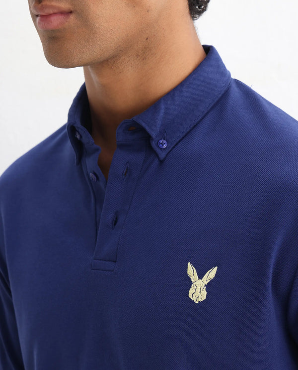 Rare Rabbit  Men's Face Blue Cotton Fabric Short Sleeves Button Down Collar Embroidered Logo Regular Fit Plain Polo T-Shirt