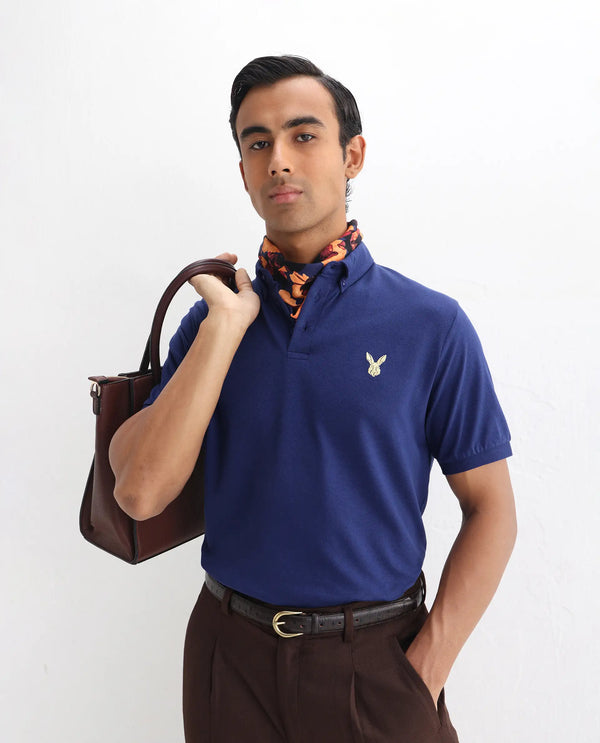 Rare Rabbit  Men's Face Blue Cotton Fabric Short Sleeves Button Down Collar Embroidered Logo Regular Fit Plain Polo T-Shirt