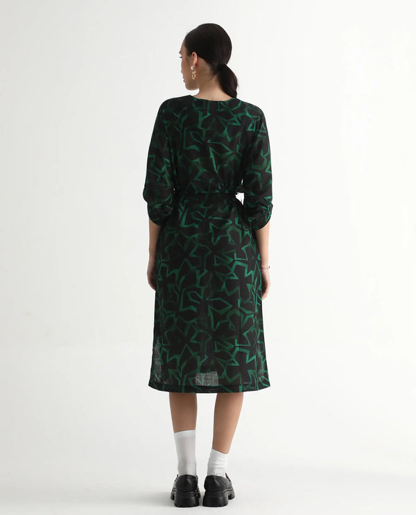 Rareism Women's Feray Dark Black Linen Fabric V-Neck Tie-Up Closure Bishop Sleeve Geometric Print A-Line Midi Dress