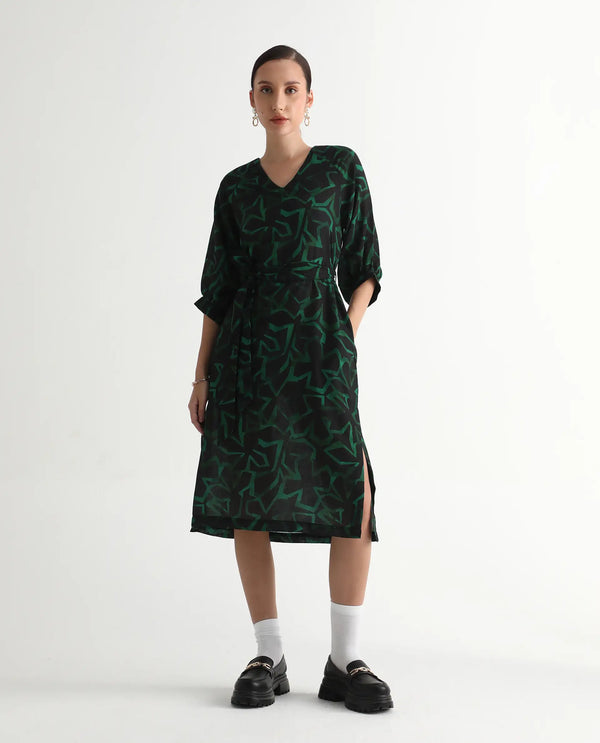 Rareism Women's Feray Dark Black Linen Fabric V-Neck Tie-Up Closure Bishop Sleeve Geometric Print A-Line Midi Dress