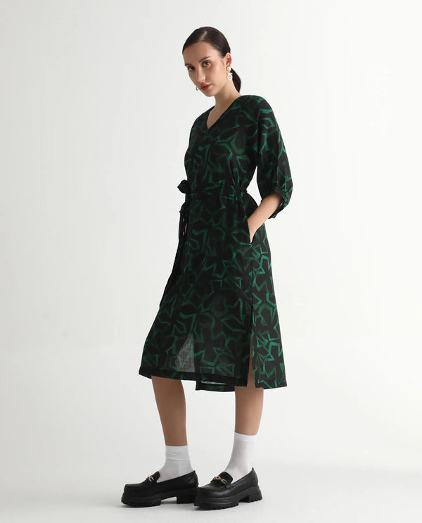 Rareism Women's Feray Dark Black Linen Fabric V-Neck Tie-Up Closure Bishop Sleeve Geometric Print A-Line Midi Dress