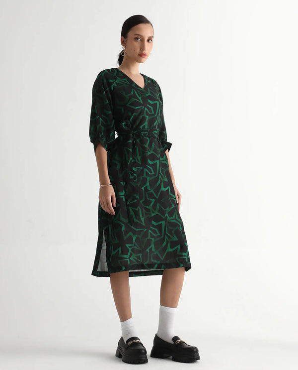 Rareism Women's Feray Dark Black Linen Fabric V-Neck Tie-Up Closure Bishop Sleeve Geometric Print A-Line Midi Dress
