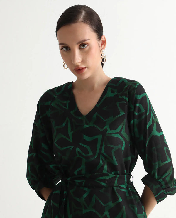 Rareism Women's Feray Dark Black Linen Fabric V-Neck Tie-Up Closure Bishop Sleeve Geometric Print A-Line Midi Dress