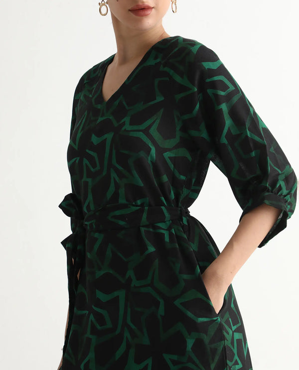 Rareism Women's Feray Dark Black Linen Fabric V-Neck Tie-Up Closure Bishop Sleeve Geometric Print A-Line Midi Dress